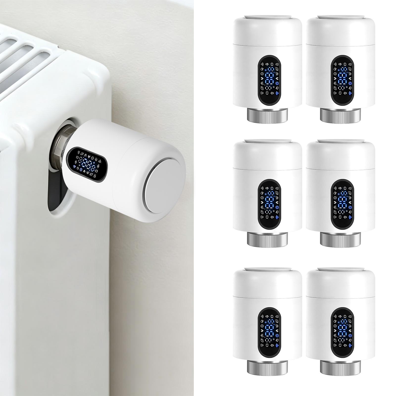 Randaco Smartes Heizkörperthermostat Wifi, App-steuerung, Smart Life/tuya, 7 Ventiladapter Je Thermostat, Weiß, 6er-set