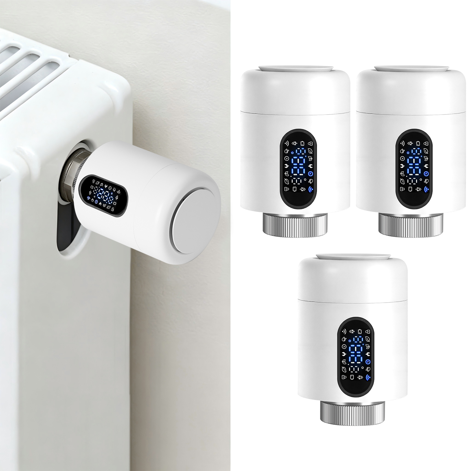Randaco Smartes Heizkörperthermostat Wifi, App-steuerung, Smart Life/tuya, 7 Ventiladapter Je Thermostat, Weiß, 3er-set