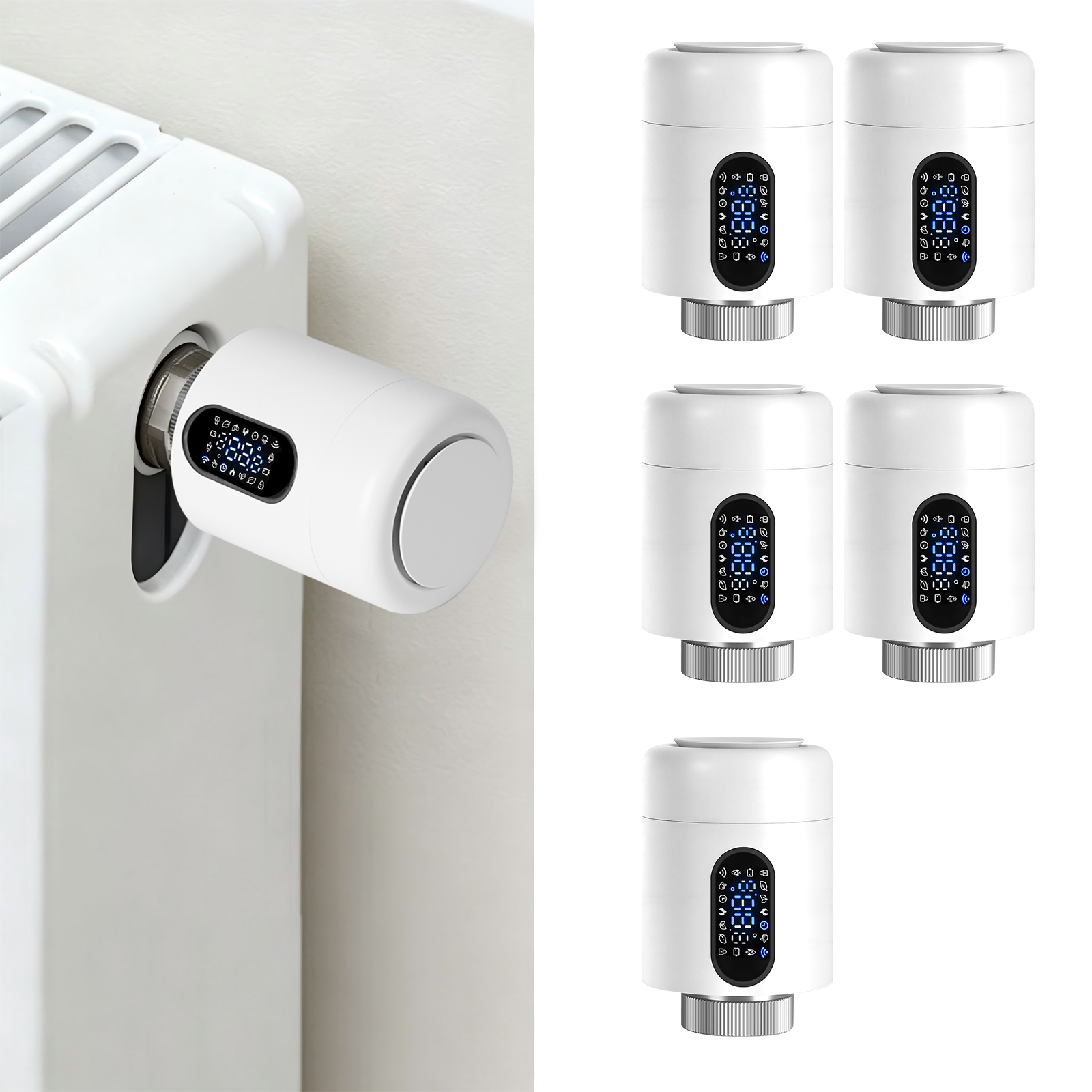 Randaco Smartes Heizkörperthermostat Wifi, App-steuerung, Smart Life/tuya, 7 Ventiladapter Je Thermostat, Weiß, 5er-set