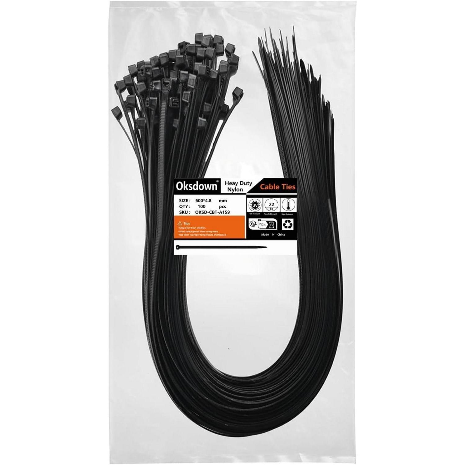 Kabelbinder Schwarz 600mm X 4,8mm, 100 Stück, Uv-beständig, Nylon, 22kg Zugfestigkeit
