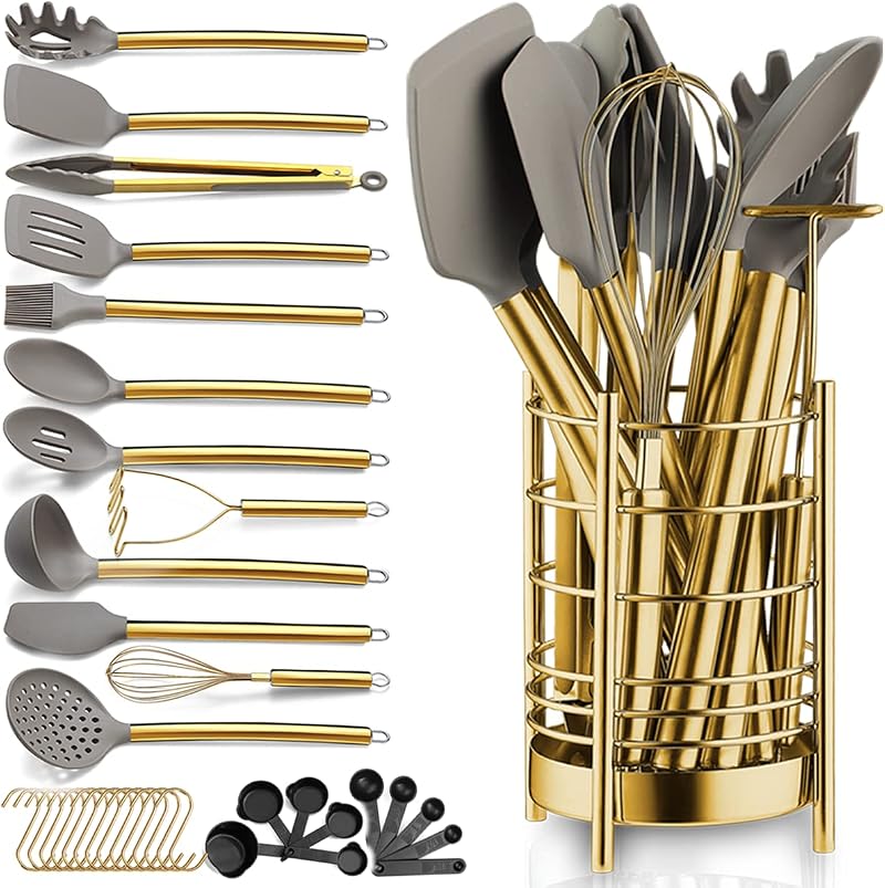 38-teiliges Goldfarbenes Küchenhelfer-set Aus Antihaftbeschichtetem Silikon, Bestehend Aus Pfannenwender Und Löffel, Inklusive Robustem Edelstahl-besteckhalter, Spülmaschinenfest