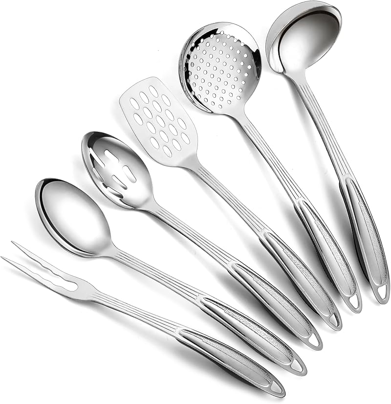 6-teiliges Küchenutensilien-set Aus Edelstahl, Bestehend Aus Unverzichtbaren Küchenhelfern Wie Metallspatel, Schaumlöffel, Schöpfkelle, Servierlöffel, Schaumlöffel Und Tranchiergabel.