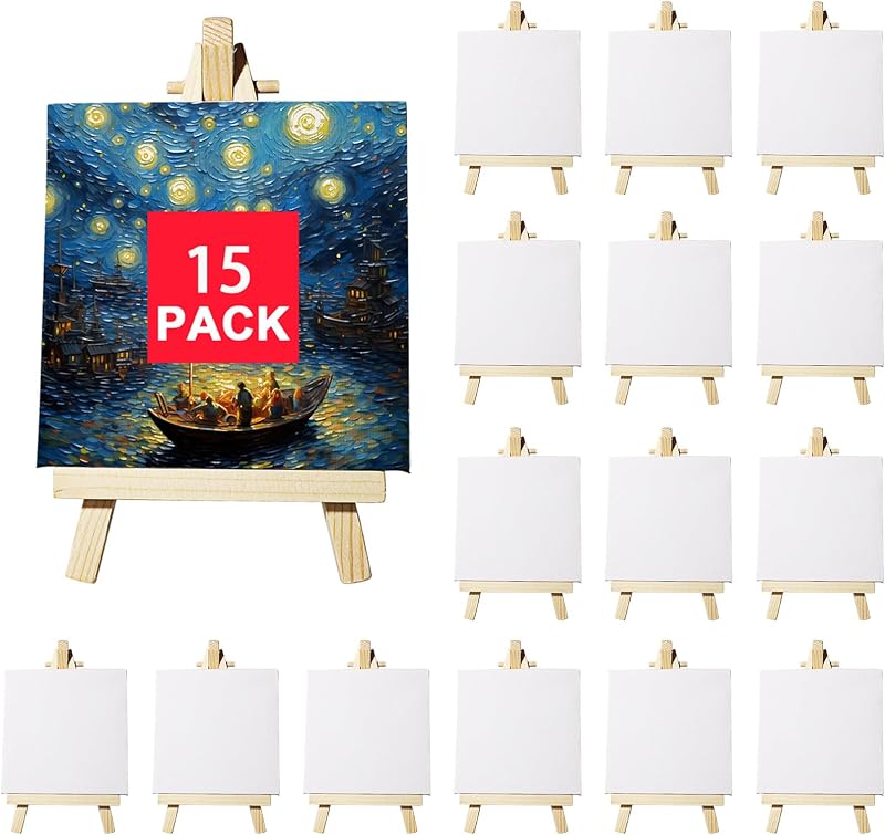 Mini-staffelei-leinwand-set, 15-teilig, Mini-leinwand 10 X 10 Cm Und Staffelei 9 X 16 Cm, Dreieckiger Ständer Aus Massivholz Für Die Bürodekoration, Diy-malkunst Für Kinder, Kreatives Geschenk