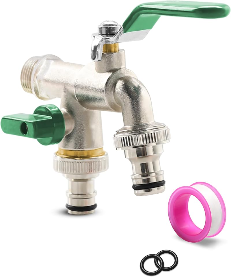 1/2" Messing-doppelhahn – Gartenhahn Mit 2 Kostenlosen Schlauchanschlüssen Für Garten, Waschmaschine, Regentonne (grün)