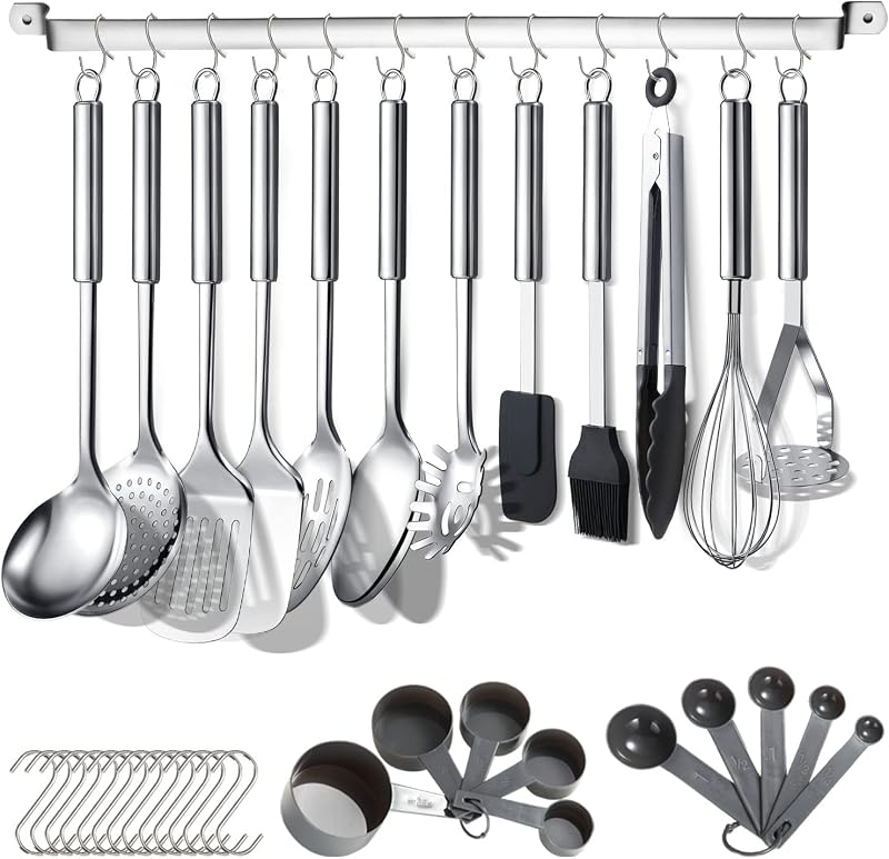 38-teiliges Küchenutensilien-set Aus Edelstahl, Kochgeschirr Mit Utensilienhalter Und Haken Zum Aufhängen In Der Spülmaschine