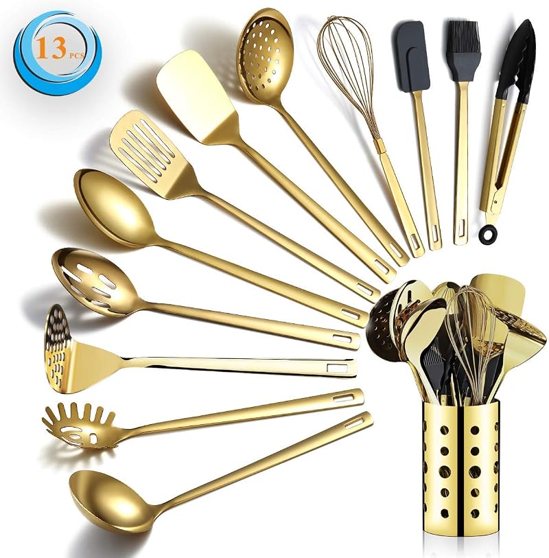 13-teiliges Küchenutensilien-set Aus Goldfarbenem Edelstahl Mit Titan-gold-beschichtung, Inklusive Utensilienhalter, Spülmaschinenfest Und Leicht Zu Reinigen