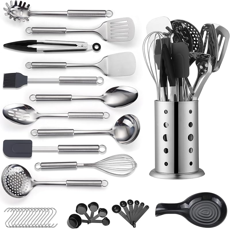 Küchenutensilien-set, 39-teiliges Edelstahl-küchenutensilien-set, Löffel- Und Pfannenwender-set Mit Robustem Edelstahl-utensilienhalter, Kompatibel