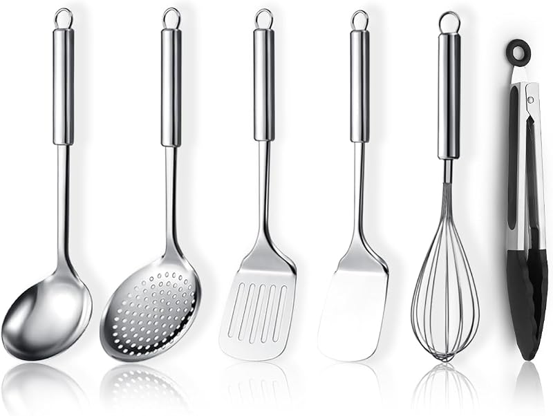 Dieses 6-teilige Küchenutensilien-set Aus Edelstahl Umfasst Ein Set Metallspatel, Eine Schaumkelle, Eine Schöpfkelle, Eine Zange, Einen Schneebesen Und Weitere Unverzichtbare Küchenhelfer.