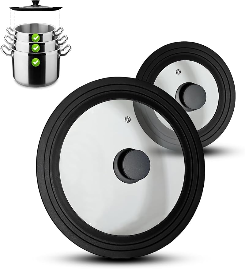 Set Mit 2 Universal-glasdeckeln Mit Belüftungsöffnung Und Silikonrand – Deckel Für Töpfe Und Pfannen Mit 16/18/20 Cm Und 24/26/28 Cm Durchmesser (schwarz)