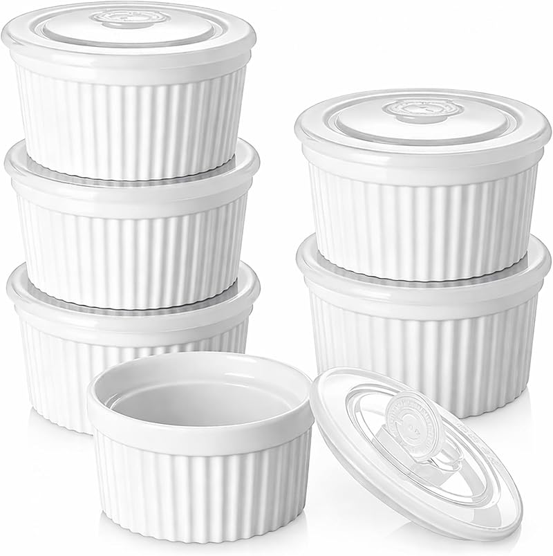 Set Mit 6 Crème-brûlée-förmchen, 240 Ml Porzellan-förmchen Und Souffléformen, Spülmaschinenfest, Keramik-förmchen Für Crème Brûlée, Soufflés Und Desserts, Weiß (mit Deckel)
