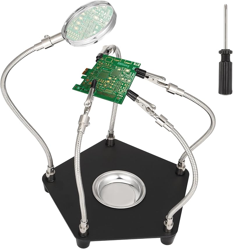 Löthilfe Mit Lupe, Leiterplattenständer – Professionelles Lötwerkzeugset Mit 5 Flexiblen Armen, Metallsockel Und Teilgehäuse Für Die Elektronikreparatur Und