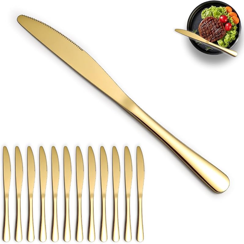 Set Mit 12 Goldenen Tafelmessern, Buttermesser Aus Edelstahl Und Vergoldetem Titan, Tafelmesser Für Zuhause, Restaurant, Hotel, Hochzeiten Und Veranstaltungen