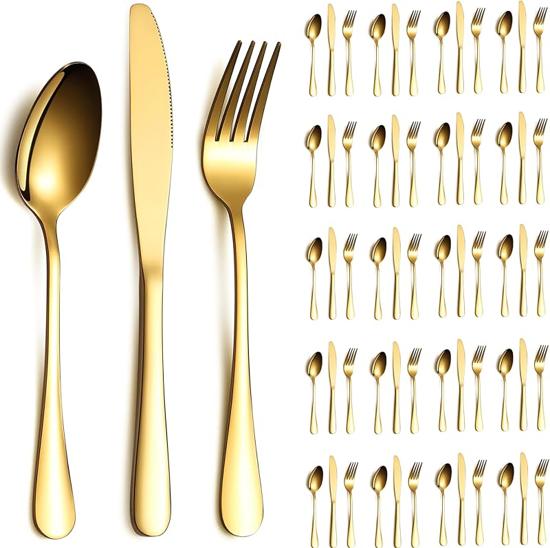 60-teiliges Goldenes Besteckset Für 20 Personen, Messer, Löffel Und Gabeln Aus Edelstahl, Ideal Für Hochzeiten, Partys, Veranstaltungen, Zuhause Und Als Geschenk Zu Thanksgiving