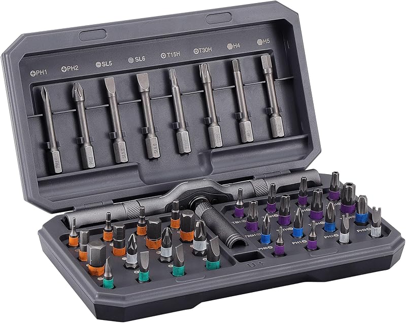 Set Mit 42 Magnetischen Ratschenschraubendrehern, Inklusive Präzisionsbits, Farbcodierten Bits Und Einem Tragbaren Aufbewahrungskoffer Für Möbel, Computer Und Fahrräder.
