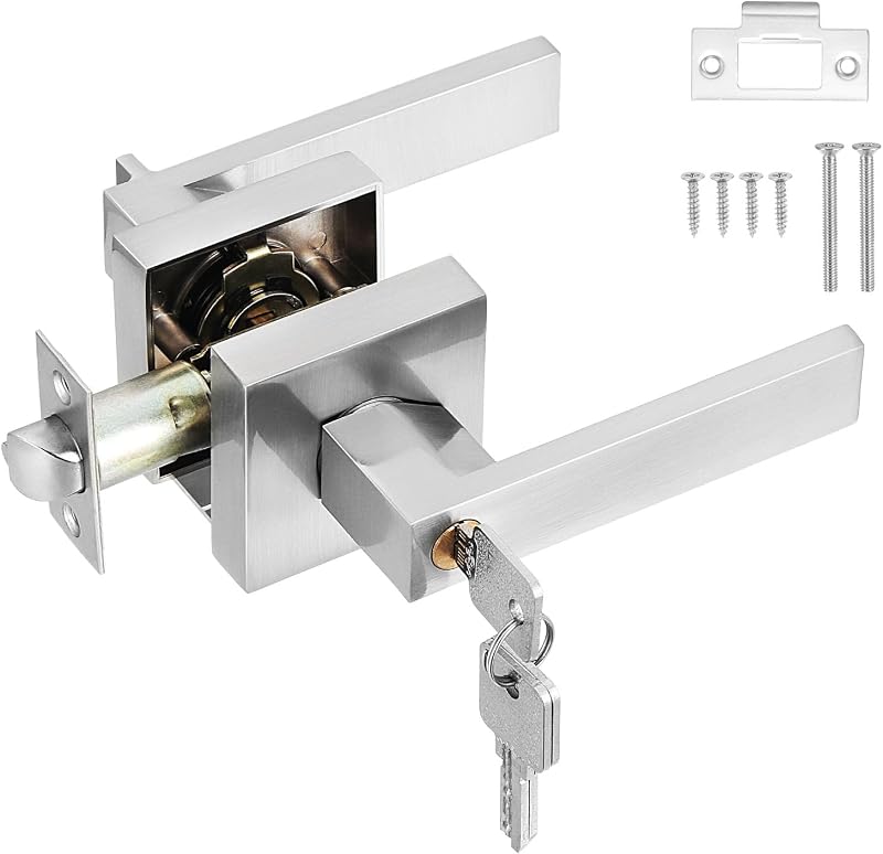 Türgriff Mit Hebel, Innentürgriff Mit Schloss Und Schlüssel. Quadratischer Eingangstürgriff Für Schlafzimmer, Büro, Links- Oder Rechtsanschlagend (silber).