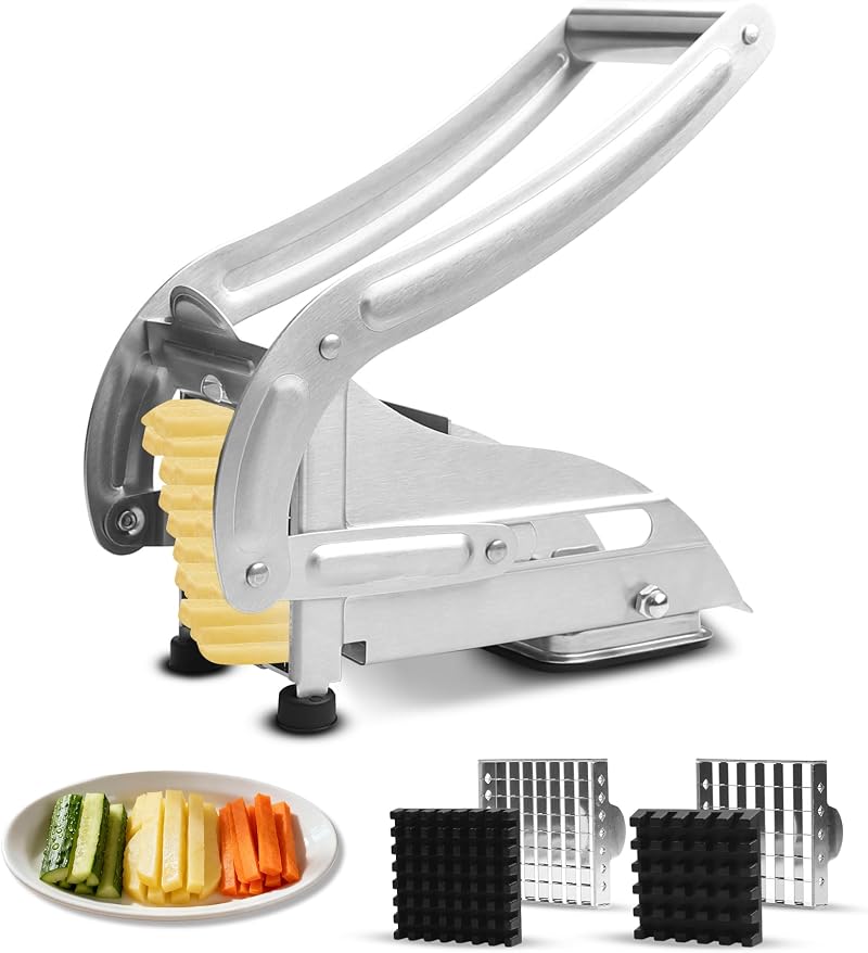 Manueller Pommes-frites-schneider Mit 2 Schneideinsätzen, Multifunktionaler Apfelschneider Aus Hochwertigem Edelstahl Zur Einfachen Zubereitung Köstlicher, Frischer Pommes Frites Für Die Ganze Familie