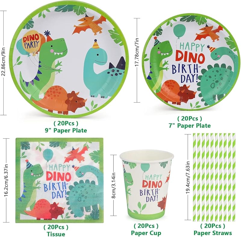 Pappgeschirr-set Mit Dinosaurier- Und Dschungelmotiven Für Kindergeburtstage – 100-teilig Für 20 Personen – Teller, Becher, Strohhalme Und Servietten