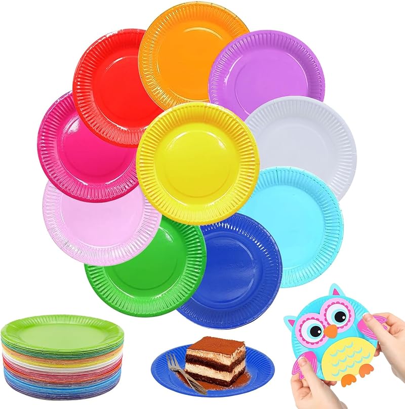 Diy-teller, 100 Stück Mehrfarbige Pappteller, Runde Einwegteller (18 Cm Durchmesser), Biologisch Abbaubare Pappteller, Für Partys, Picknicks Und Geburtstage