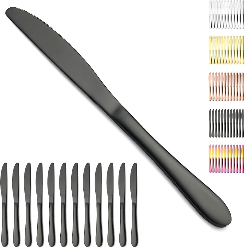12-teiliges Schwarzes Tafelmesserset, Titanbeschichtete Buttermesser Aus Schwarzem Edelstahl, Speisemesser Für Zuhause, Restaurant, Hotel, Spülmaschinenfest