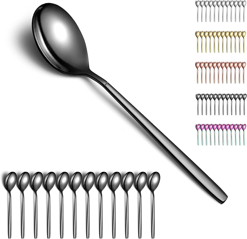 12 Schwarze Suppenlöffel, Titanbeschichtet, Edelstahl. Moderner Esslöffel, Ideal Für Zuhause, Esszimmer, Hotel Und Hochzeiten.