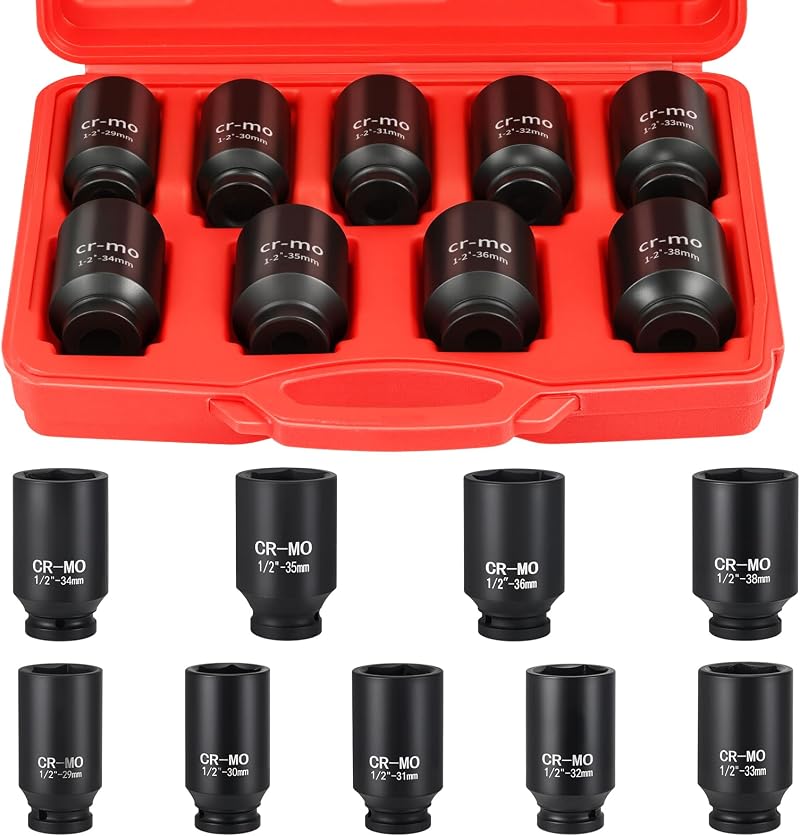 Satz Mit 9 Tiefen 1,3 Cm (29–38 Mm) 6-kant-cr-mo-schlagstecknüssen Für Schlagschrauber, Zum Ausbau Von Radnaben An Kraftfahrzeugen, Inklusive Aufbewahrungskoffer