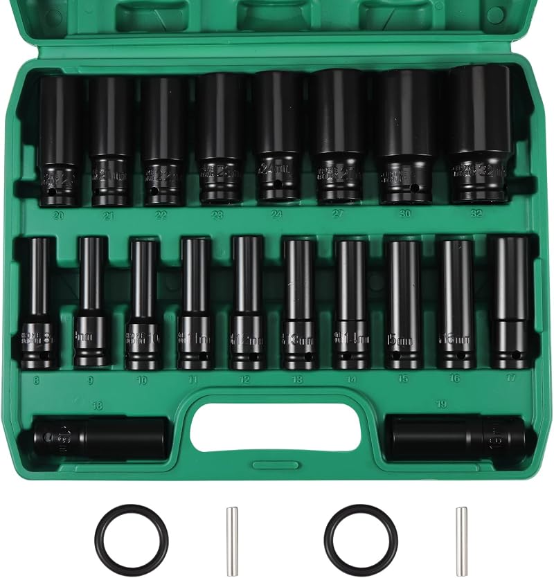 Satz Mit 20 Langen Metrischen Sechskant-schlagschraubnüssen Von 8 Mm Bis 32 Mm, Aus Cr-v-stahl Für Professionelle Reparaturen An Pkw, Lkw, Traktoren Und Im Haushalt.