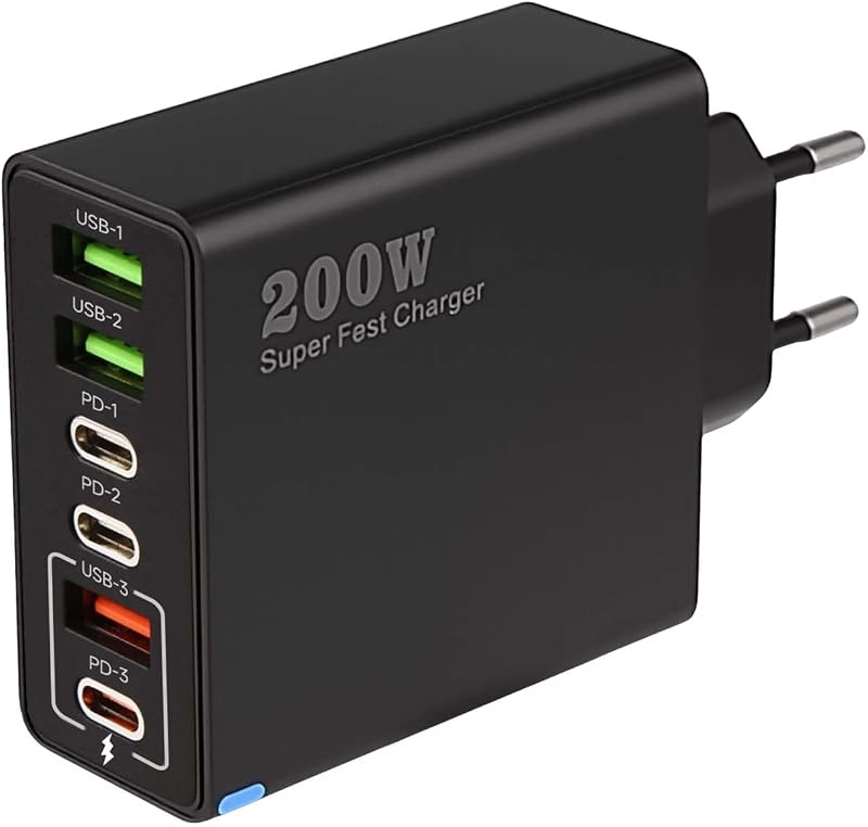 200-w-usb-c-ladegerät Mit 6 Anschlüssen (4 Usb-c + 2 Usb-a), Pd 3.0, Pps, Qc 4.0, Kompaktes Netzteil Mit Schnellladefunktion Für Iphone, Macbook, Samsung, Ipad Und Steam Deck