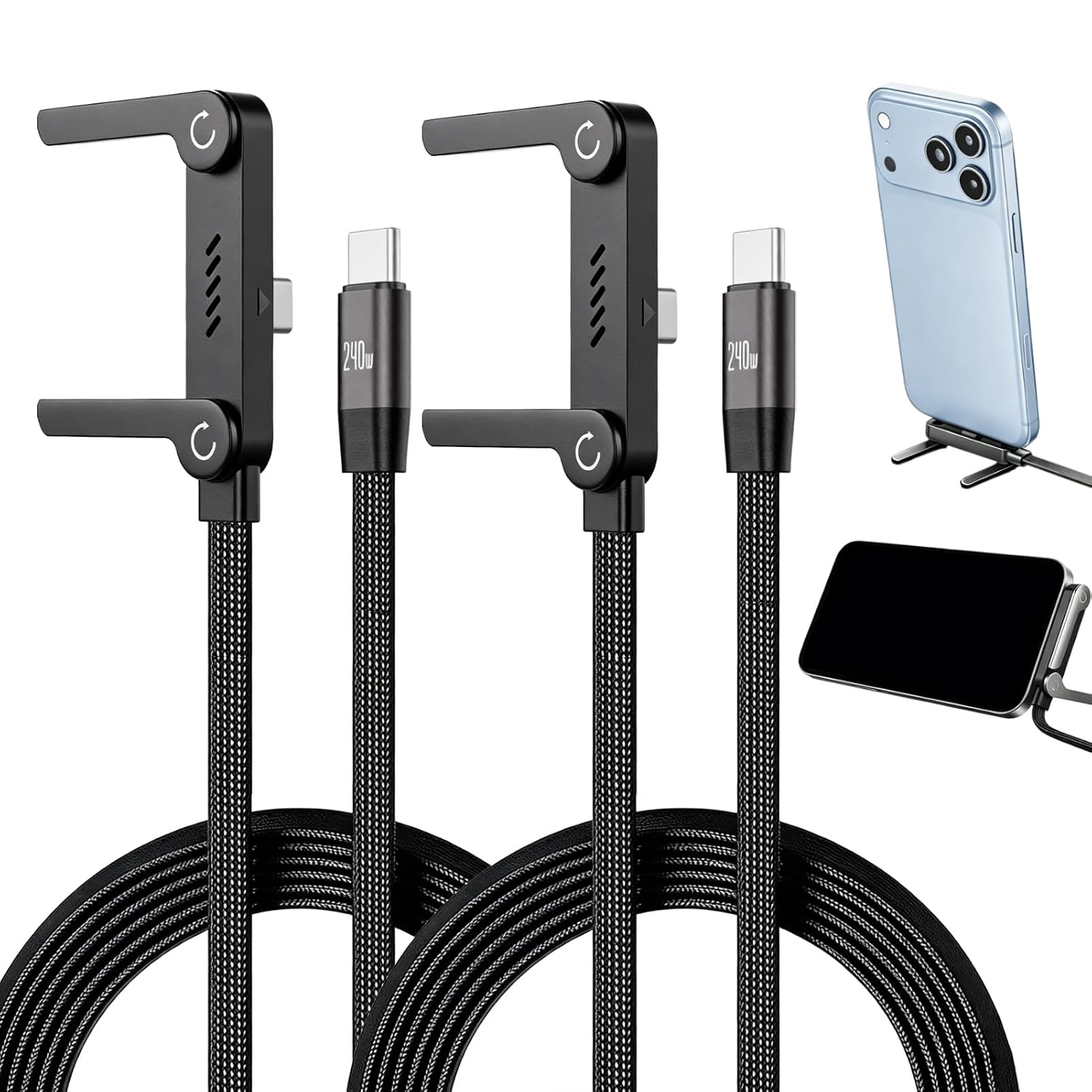 2er-pack 240-w-schnellladekabel Mit Usb-c-anschluss Und Integrierter Handyhalterung 2-in-1-ladekabel Mit Seitlicher Ladefunktion, 2 M Lang, Geflochten, Für Smartphones Und Tablets, Usb-c-kabel Mit Un