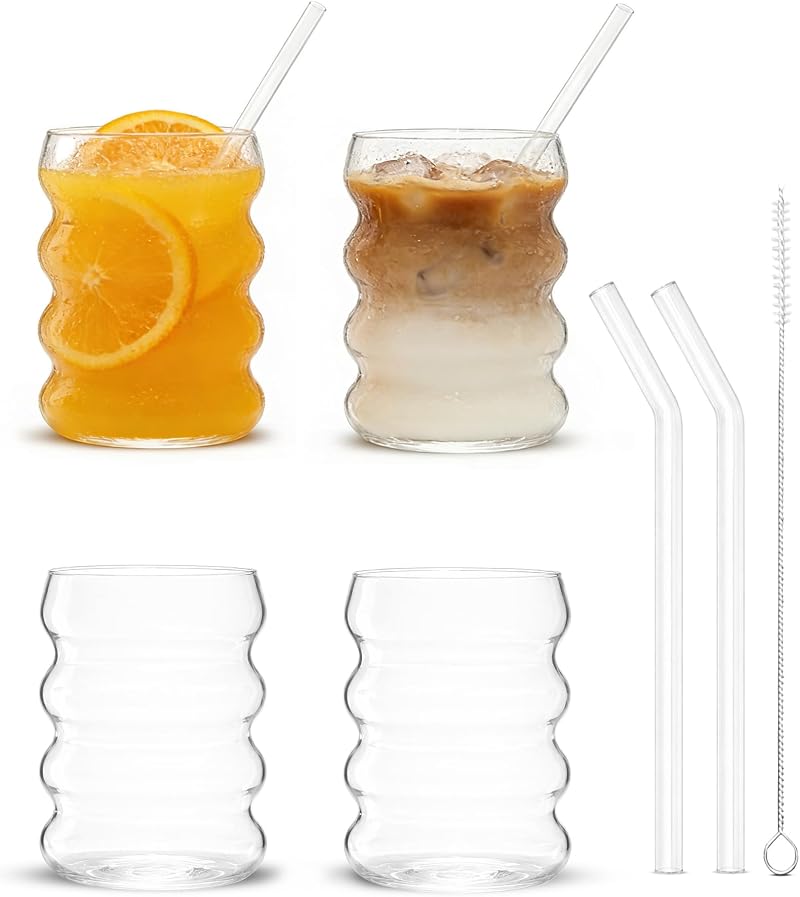 4er-set Bubble-gläser 350 Ml – Wellenförmige Gläser Mit Strohhalmen Und Reinigungsbürste Für Getränke – Eiskaffee, Whisky, Limonade, Bier Und Cocktails