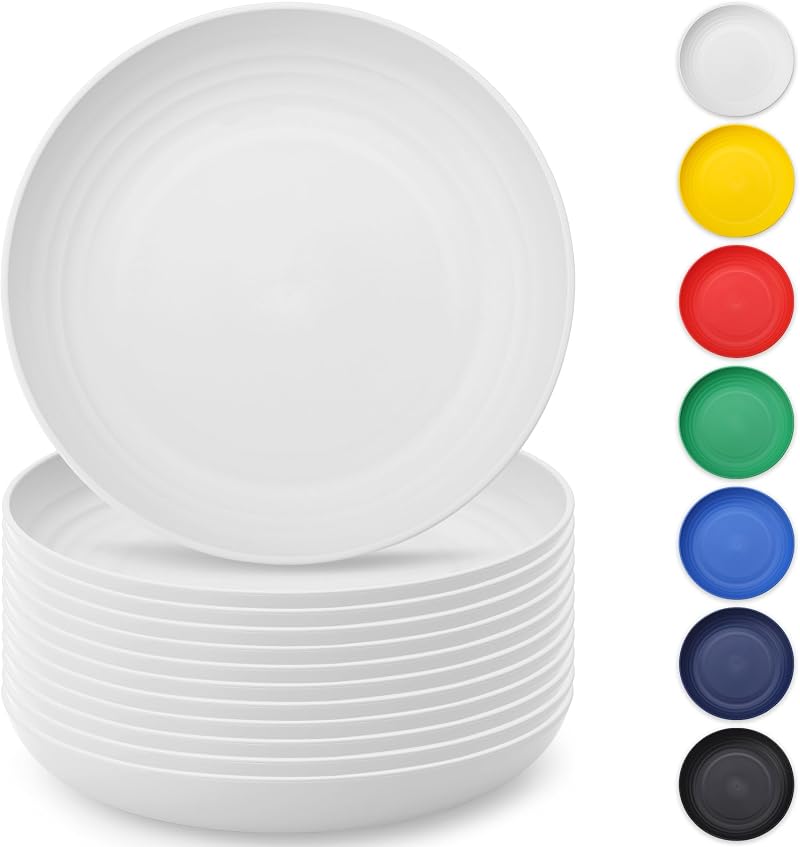 Weißes 12-teiliges Kunststoffteller-set, 23 Cm, Wiederverwendbar Und Robust, Bruchsichere Pastateller, Geschirr Für Zuhause Und Kinder, Leicht Zu Transportieren Für Picknicks Und Camping