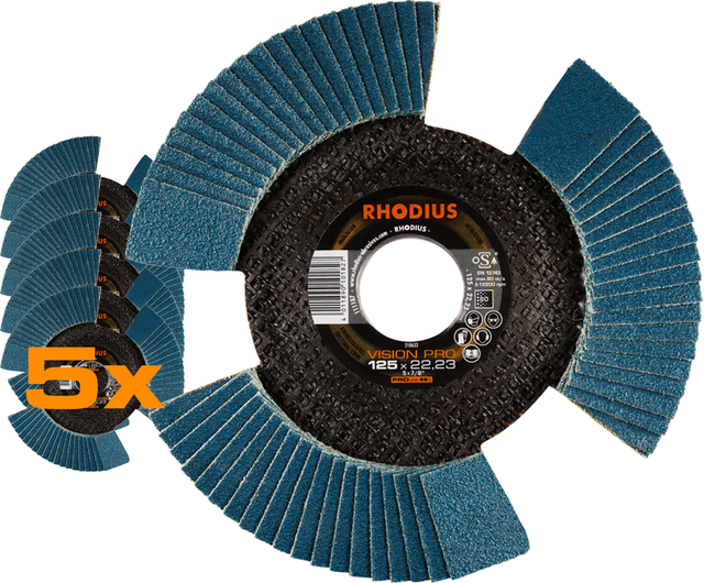 RHODIUS VISION PRO, 5 Stück, 125 mm, Korn 40, Fächerschleifscheibe
