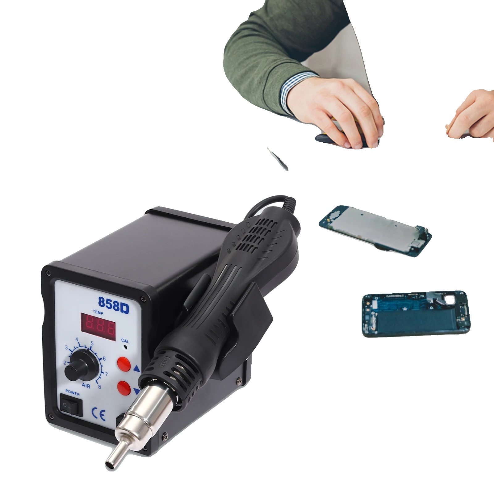 Heißluft-rework-station, 700 W, Betriebstemperatur 100–450 °c, Luftdurchsatz 120 L/min, 8 Luftstromstufen, Abmessungen 15,3 × 9,3 × 13,1 Cm