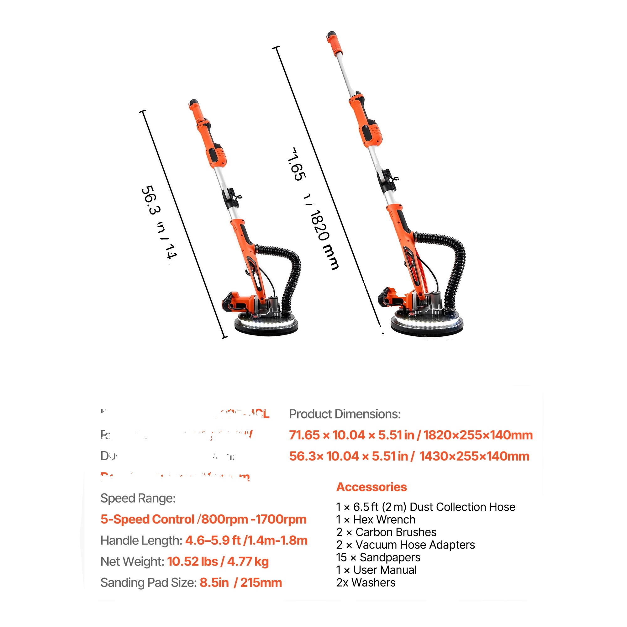 Trockenbauschleifer, 5 Variable Geschwindigkeiten, Integrierte Led-leuchte, 850 W
