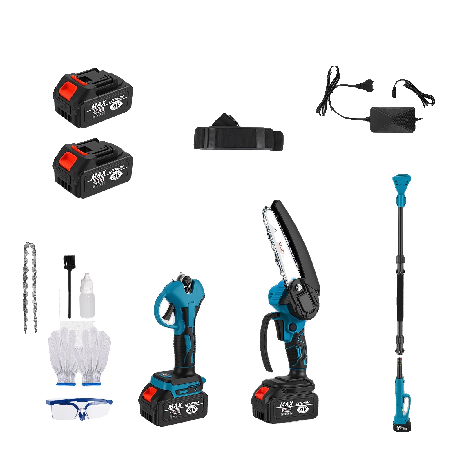 Mini-akku-kettensäge, Teleskopstiel, Effizienter Bürstenloser Motor, Blau