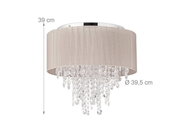 Relaxdays - Deckenlampe Kristall, Lampenschirm aus Organza, G9-Fassung, 5-flammige Deckenleuchte, 39 x 39,5cm, grau/silber
