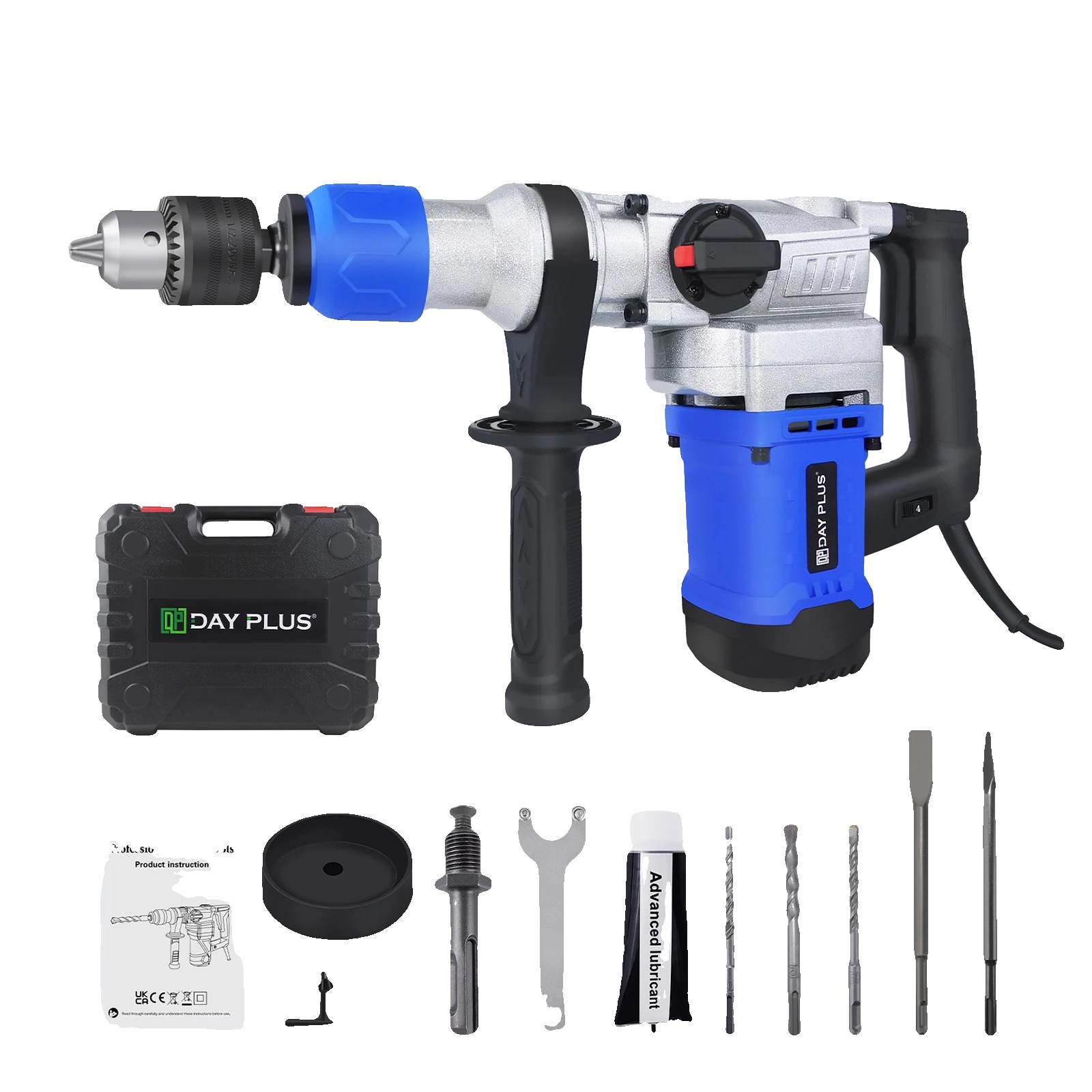 Bohrhammer, 2000 W, 800 U/min, 4500 Schläge/min, 6 Geschwindigkeitsstufen, 2 M Kabellänge