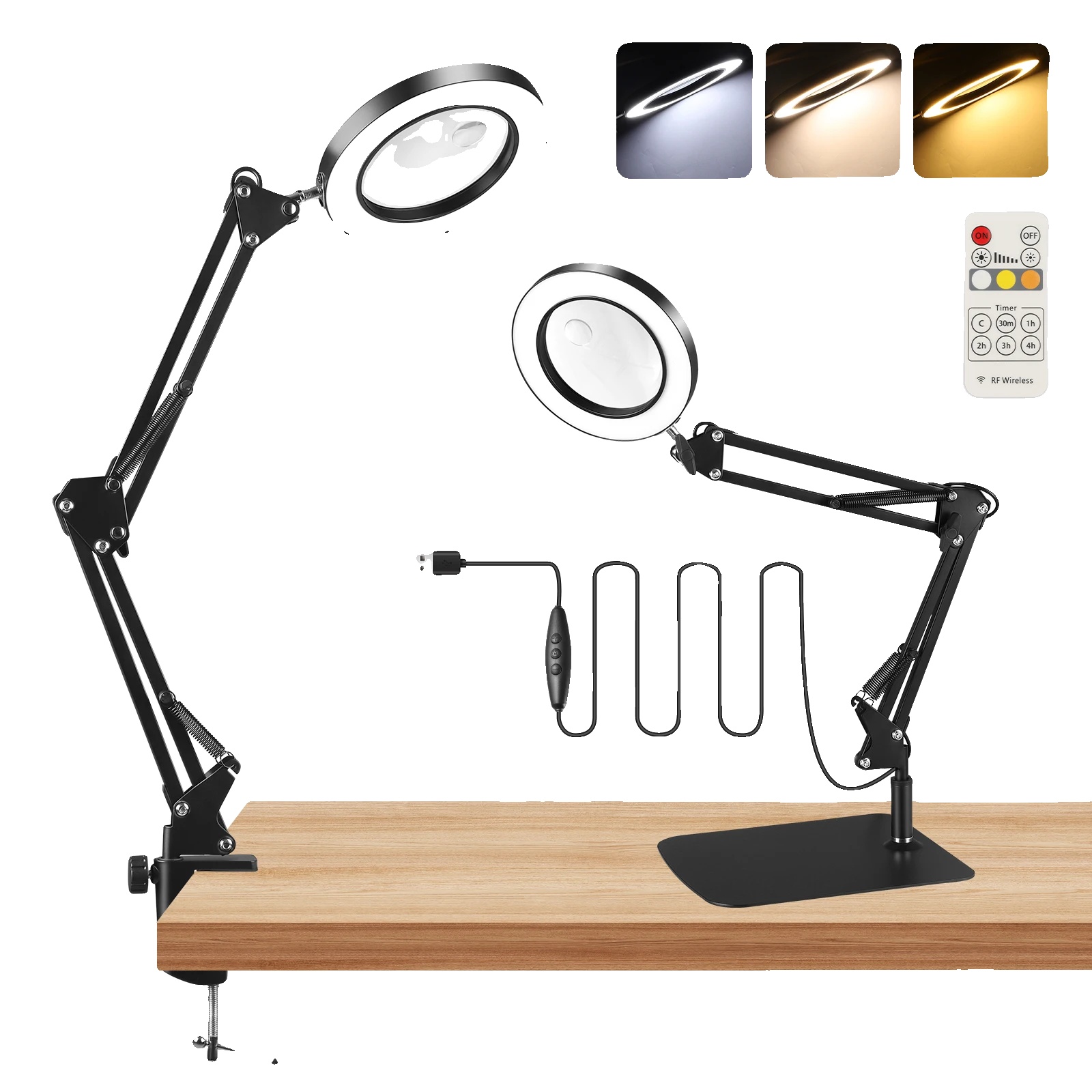 Vergrößerungslampe Mit Licht, Verstellbarem Arm, Mehreren Farbmodi, Schwarz