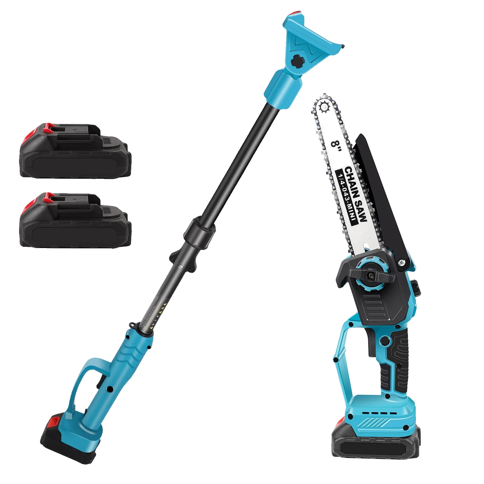 Mini-kettensäge, 2-in-1-funktion, Teleskopstiel, 2-akku-set, Eu