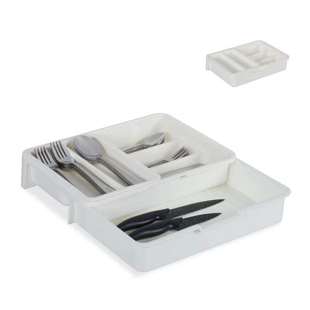 Relaxdays - Besteckkasten, ausziehbar, 7 Fächer, für Besteck & Küchenutensilien, Kunststoff, hbt 6x23,5x31,5 cm, weiß