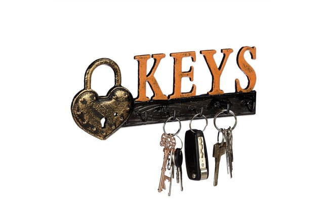 Relaxdays - Schlüsselbrett, 5 Haken, Vorhängeschloss & Keys-Schriftzug, Gusseisen, Vintage, hbt 10x26x3 cm, orange/schwarz