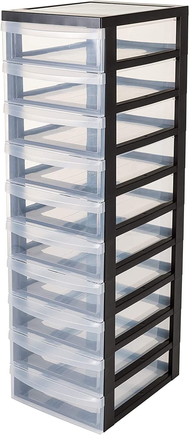 Iris Ohyama - Kunststoff-Schubladenbox mit Rollen, 10 flachen Schubladen, Schwarz, Griffe zum Ziehen, Für Schlafzimmer, Bad, Schule & Büro, BPA-frei,