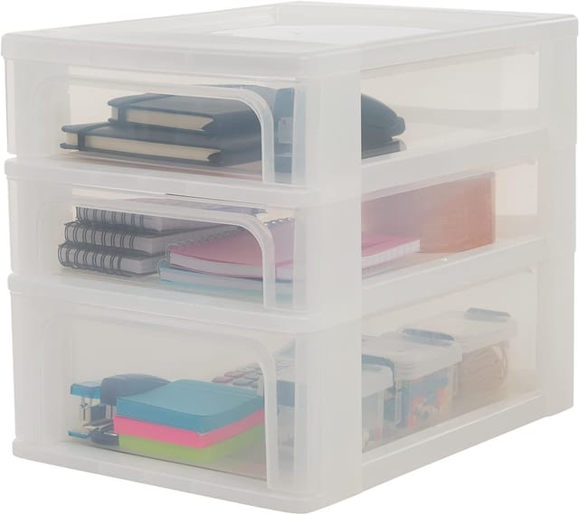 Iris Ohyama - Schreibtisch-Organizer mit 2 flache und 1 tiefe Schublade, Mattweiß, Easy-Pull-System, A4 & A5 Format, Schreibtisch Organizer für Büro,