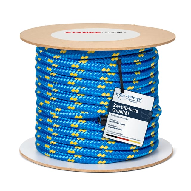 Seilwerk STANKE Polypropylenseil 4mm 1m Blau mit gelben Akzenten - Tomaten Schnur, Zeltleine, Campingleine - Wetterfeste Schnur für Drachen,