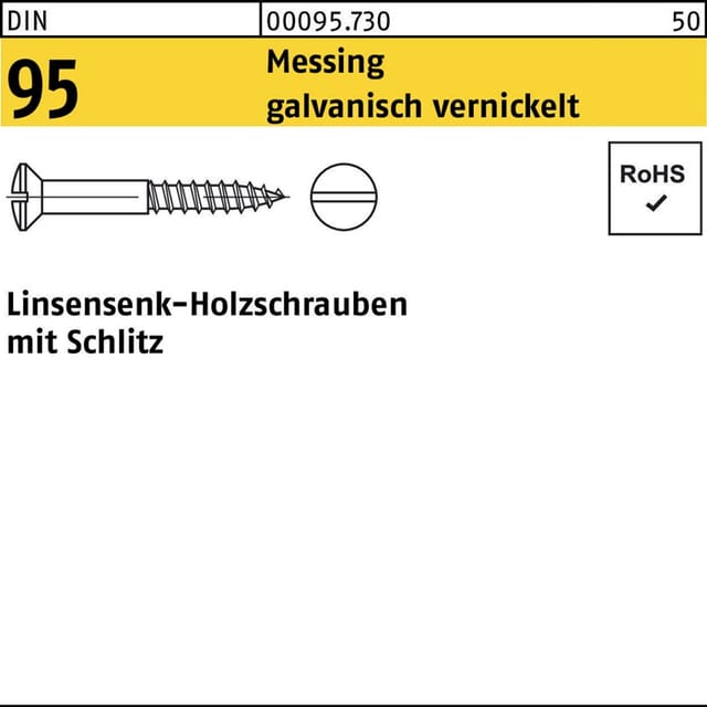 DIN 95 LinsenSenkkopf-Holzschraube 4,5x40 Messing vernickelt Schlitz 200 Stk