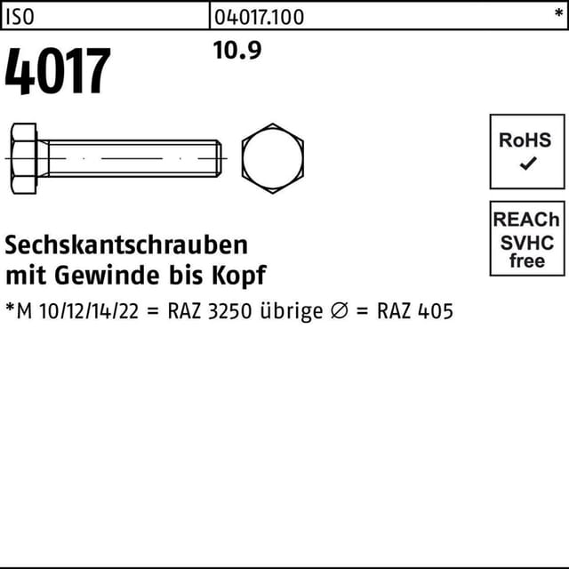 ISO 4017 Sechskantschraube VG M16x90 Stahl 10.9 blank 25 Stk