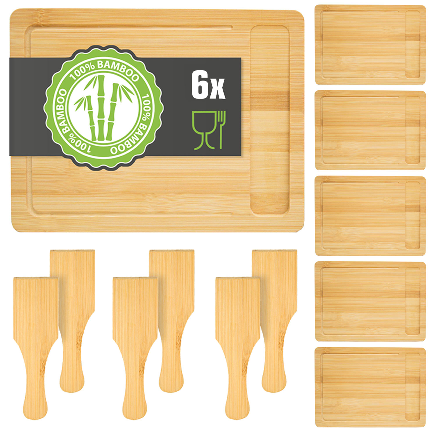Dunedesign - 6 Personen Raclette Teller Set Holz - 30x22cm Pfännchen Untersetzer Mit Spachtel