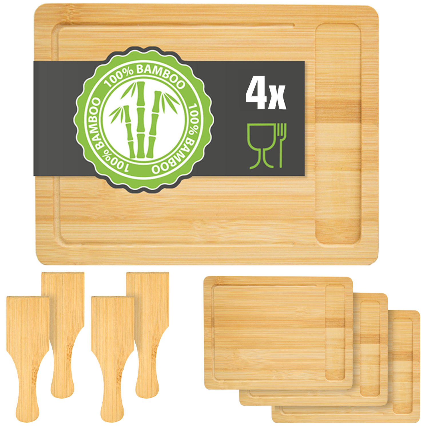 Dunedesign - 4 Personen Raclette Teller Set Holz - 30x22cm Pfännchen Untersetzer Mit Spachtel