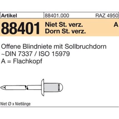 Reyher - Blindniete r 88401 Flachkopf 5 x 40 Niet Stahl verzinkt/Dorn Stahl verzinkt
