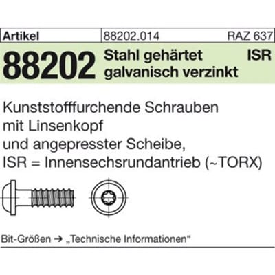 Gewindefurchende Schrauben f. Kunststoff Liko & ISR 2,2 x 8 -T6 Stahl gehärtet, gal Zn gal Zn S 1000 Stk