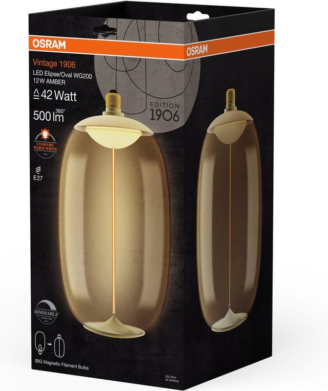 Osram - Vintage 1906 Big Elipse Oval Ist Eine Dimmbare Led-lampe Aus Kunststoff Mit Filament In Ellipsenform. Sie Bietet 12 W, 500 Lm, E27 Fassung, Bernstein Design, 200 Mm Durchmesser, Cri 80, 1800 K.